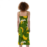 Green Tropical Banana Pattern Print Slim Fit Midi Cami Dress