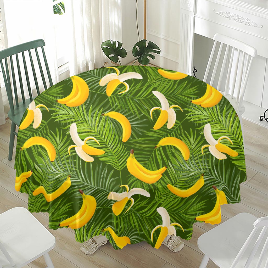 Green Tropical Banana Pattern Print Waterproof Round Tablecloth