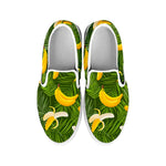 Green Tropical Banana Pattern Print White Slip On Sneakers