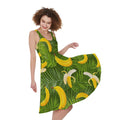 Green Tropical Banana Pattern Print Sleeveless Knee Length Dress