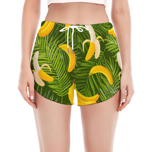 Green Tropical Banana Pattern Print Women's Split Running Shorts