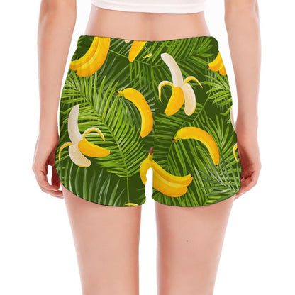 Green Tropical Banana Pattern Print Women's Split Running Shorts
