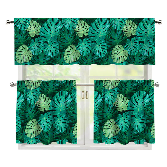 Green Tropical Monstera Pattern Print 3 Piece Kitchen Curtains