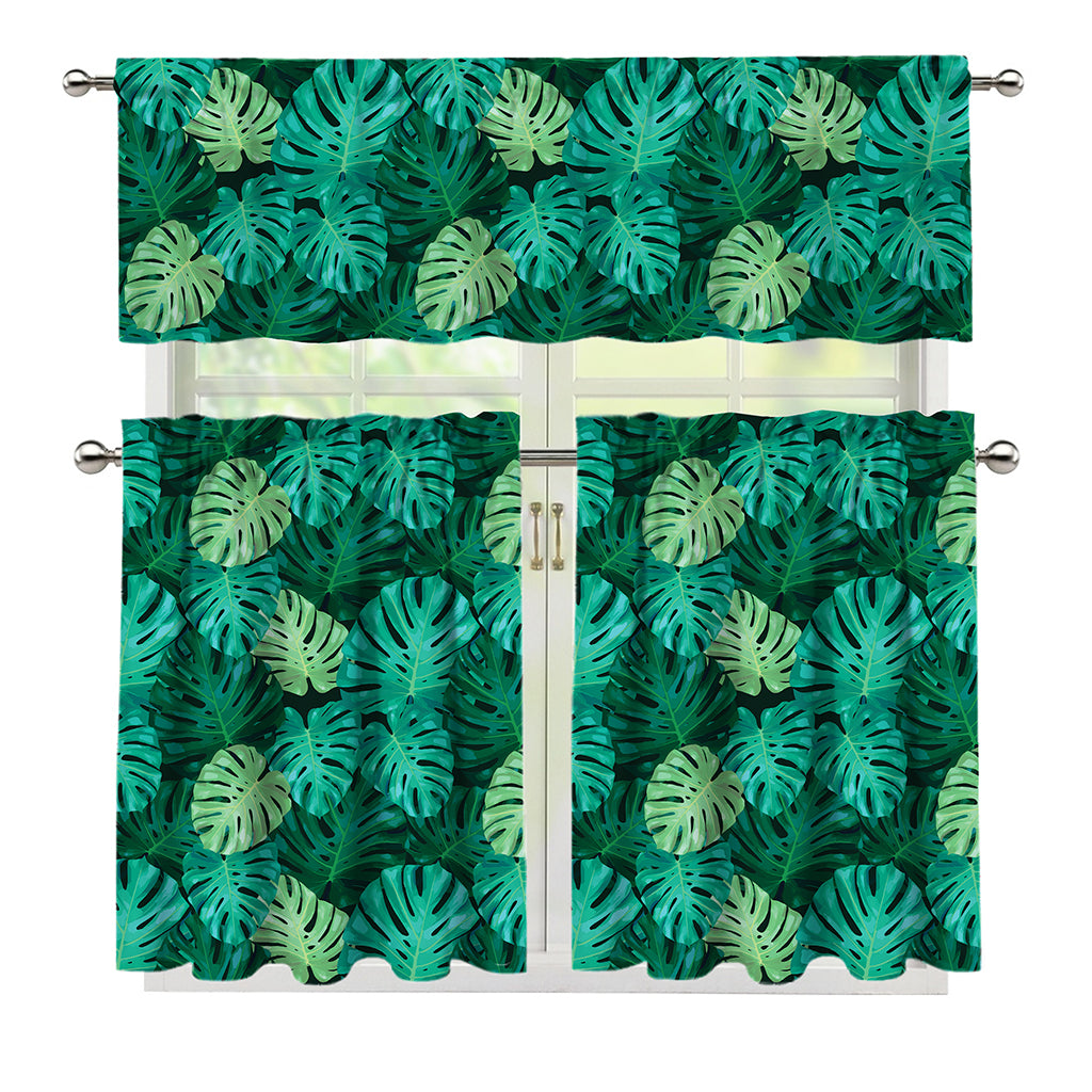Green Tropical Monstera Pattern Print 3 Piece Kitchen Curtains