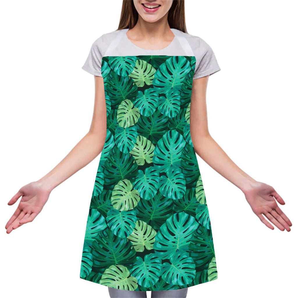 Green Tropical Monstera Pattern Print Adjustable Apron