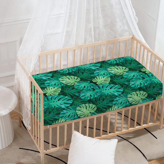 Green Tropical Monstera Pattern Print Baby Crib Sheet