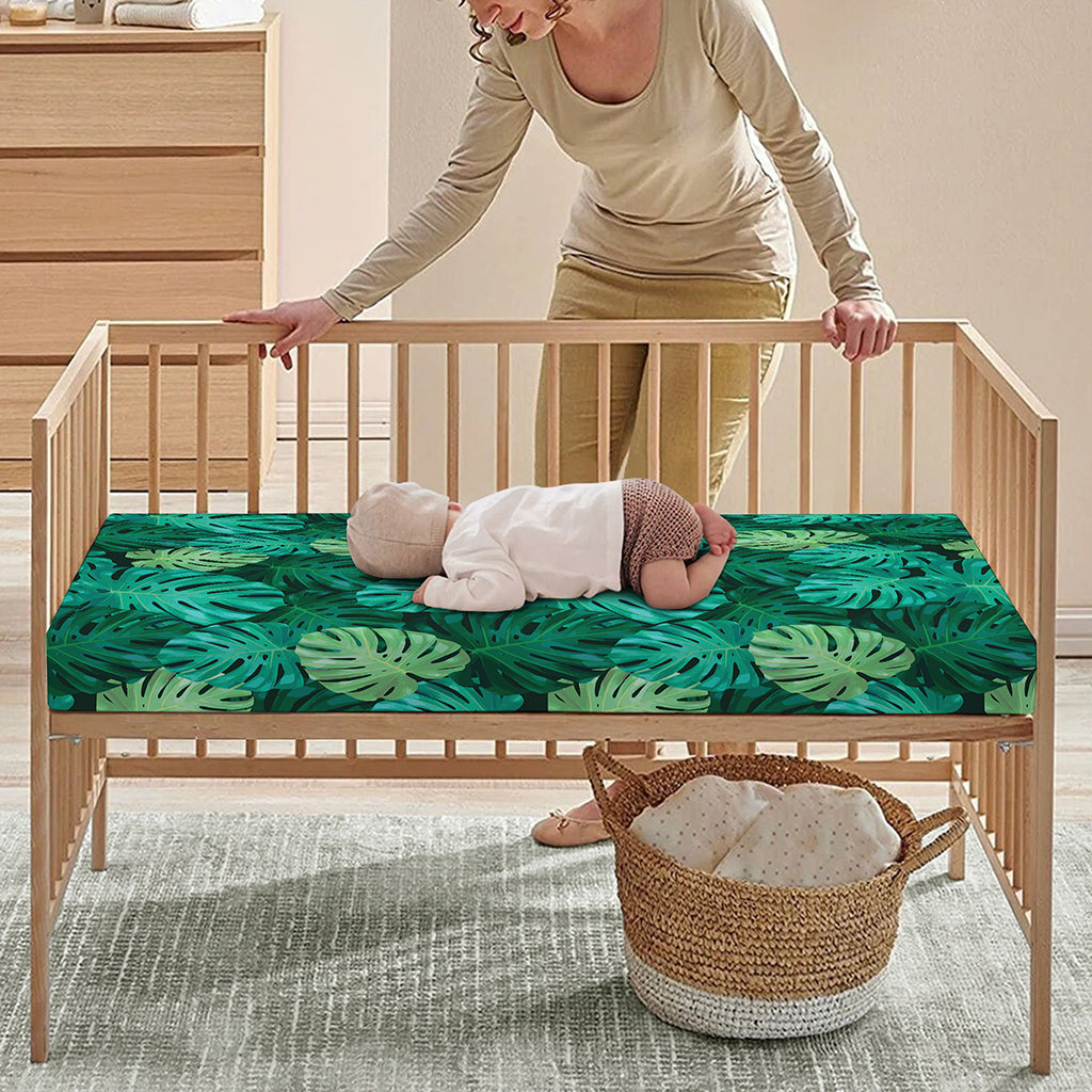 Green Tropical Monstera Pattern Print Baby Crib Sheet