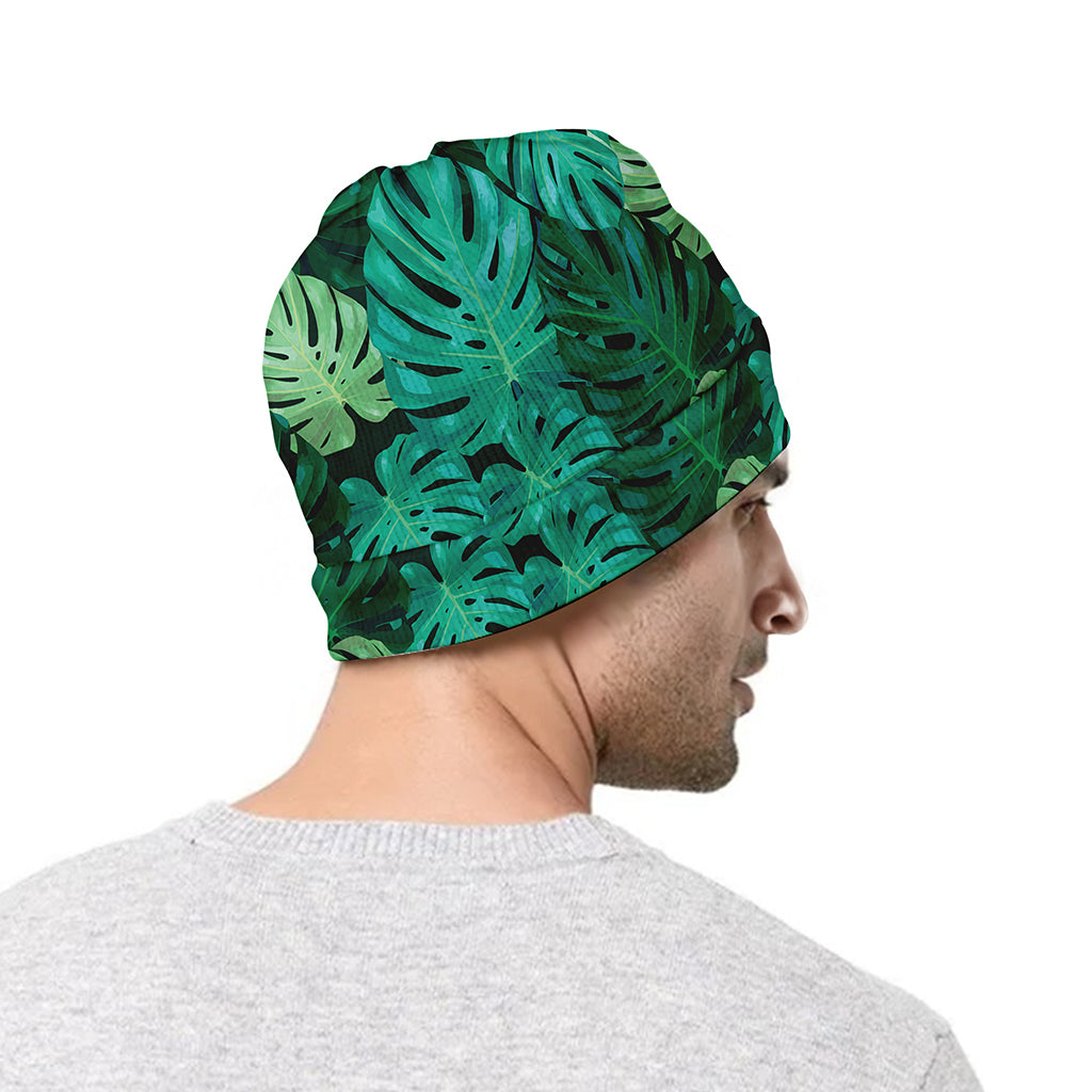 Green Tropical Monstera Pattern Print Beanie