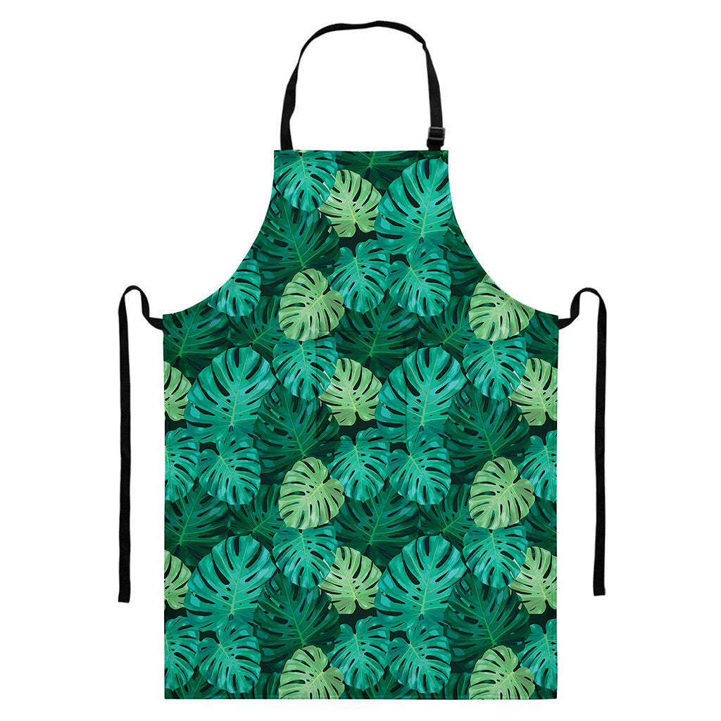 Green Tropical Monstera Pattern Print Bib Apron With Pocket