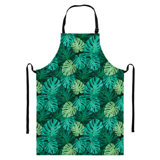 Green Tropical Monstera Pattern Print Bib Apron With Pocket