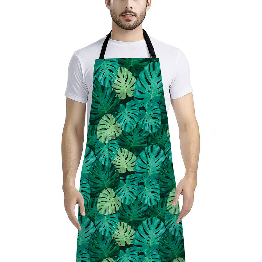 Green Tropical Monstera Pattern Print Bib Apron With Pocket