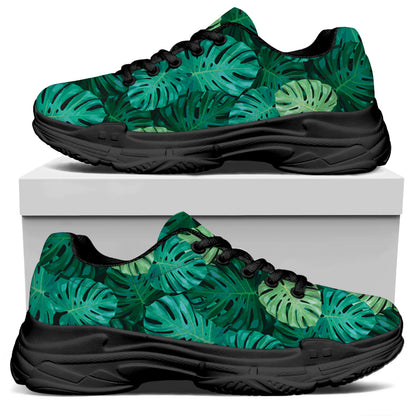 Green Tropical Monstera Pattern Print Black Chunky Shoes