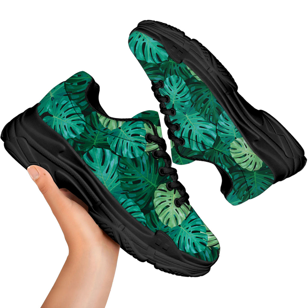 Green Tropical Monstera Pattern Print Black Chunky Shoes
