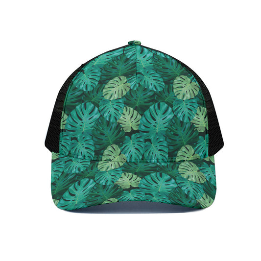 Green Tropical Monstera Pattern Print Black Mesh Trucker Cap