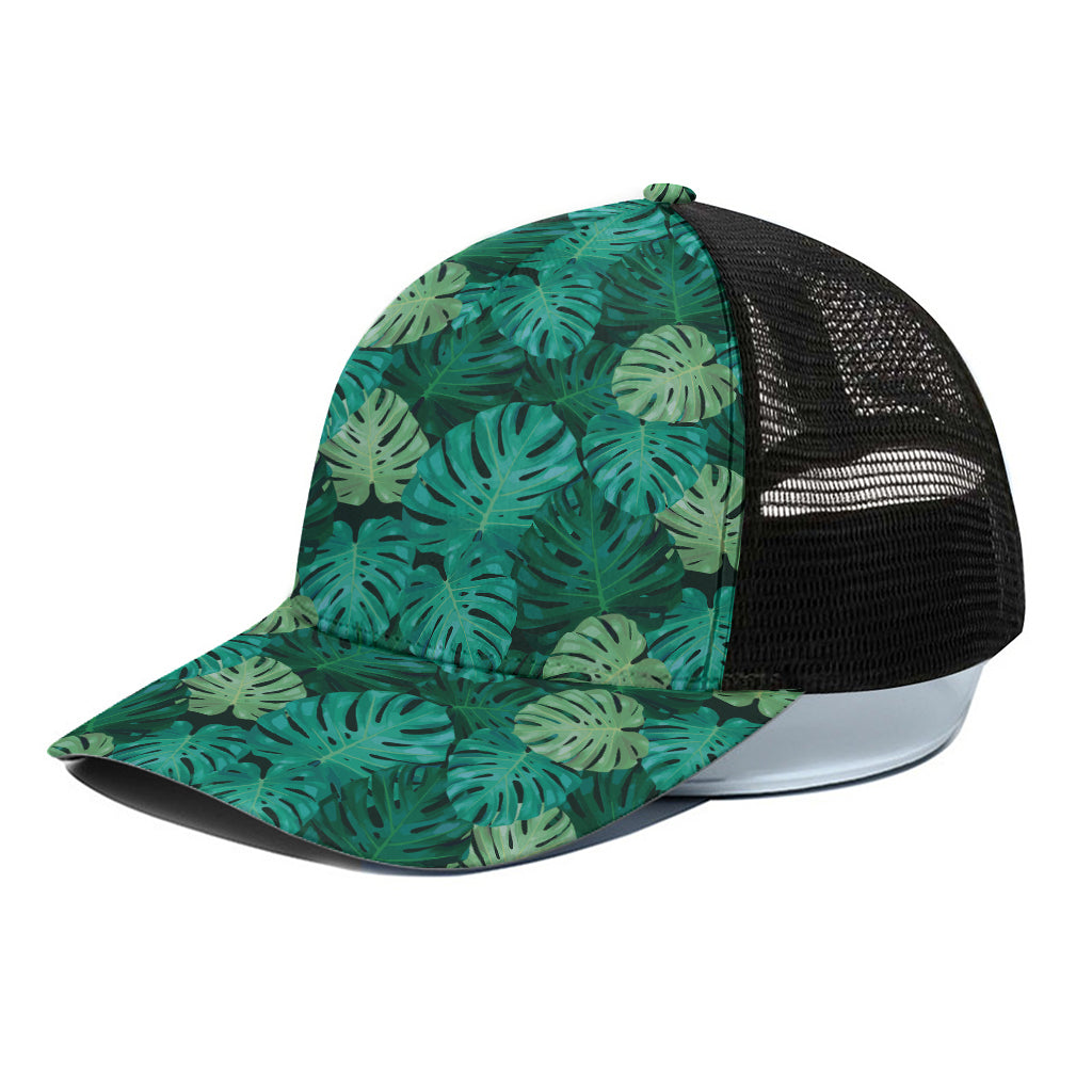 Green Tropical Monstera Pattern Print Black Mesh Trucker Cap