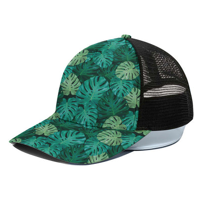 Green Tropical Monstera Pattern Print Black Mesh Trucker Cap