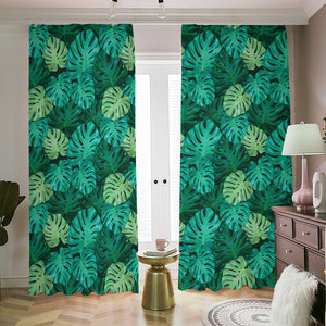 Green Tropical Monstera Pattern Print Blackout Pencil Pleat Curtains