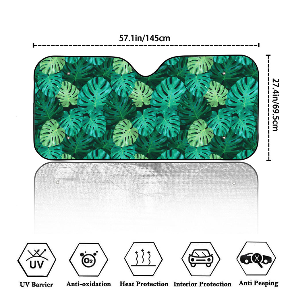 Green Tropical Monstera Pattern Print Car Windshield Sun Shade