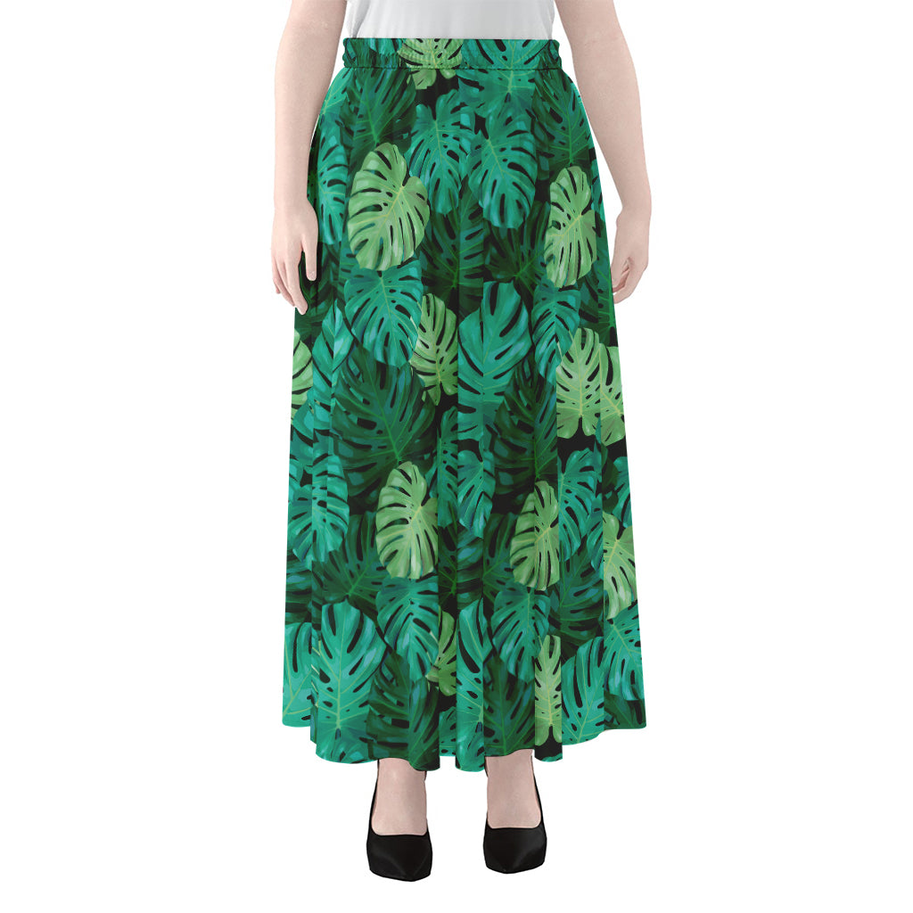 Green Tropical Monstera Pattern Print Chiffon Maxi Skirt