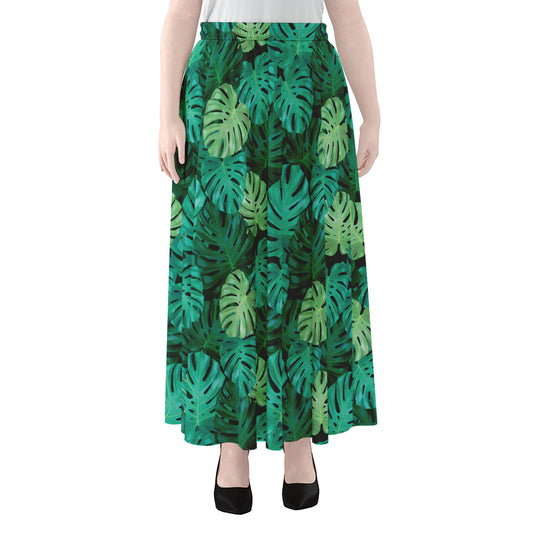 Green Tropical Monstera Pattern Print Chiffon Maxi Skirt