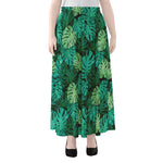 Green Tropical Monstera Pattern Print Chiffon Maxi Skirt