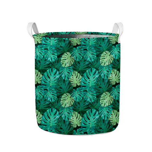 Green Tropical Monstera Pattern Print Collapsible Laundry Basket