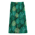 Green Tropical Monstera Pattern Print Cotton Front Slit Maxi Skirt