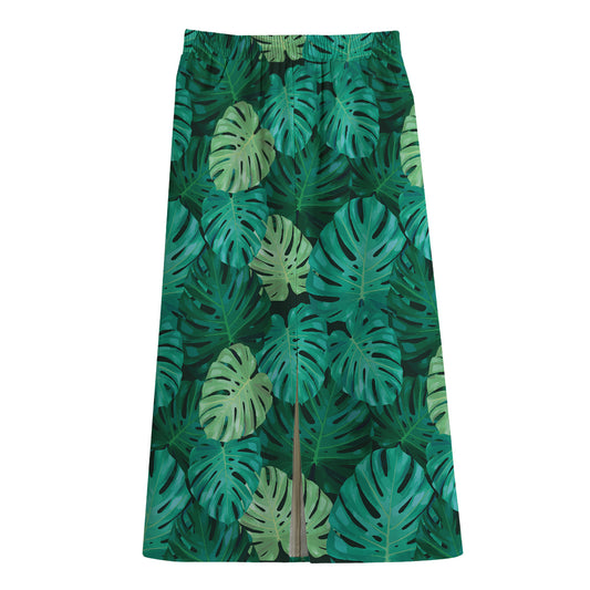 Green Tropical Monstera Pattern Print Cotton Front Slit Maxi Skirt