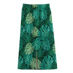 Green Tropical Monstera Pattern Print Cotton Front Slit Maxi Skirt