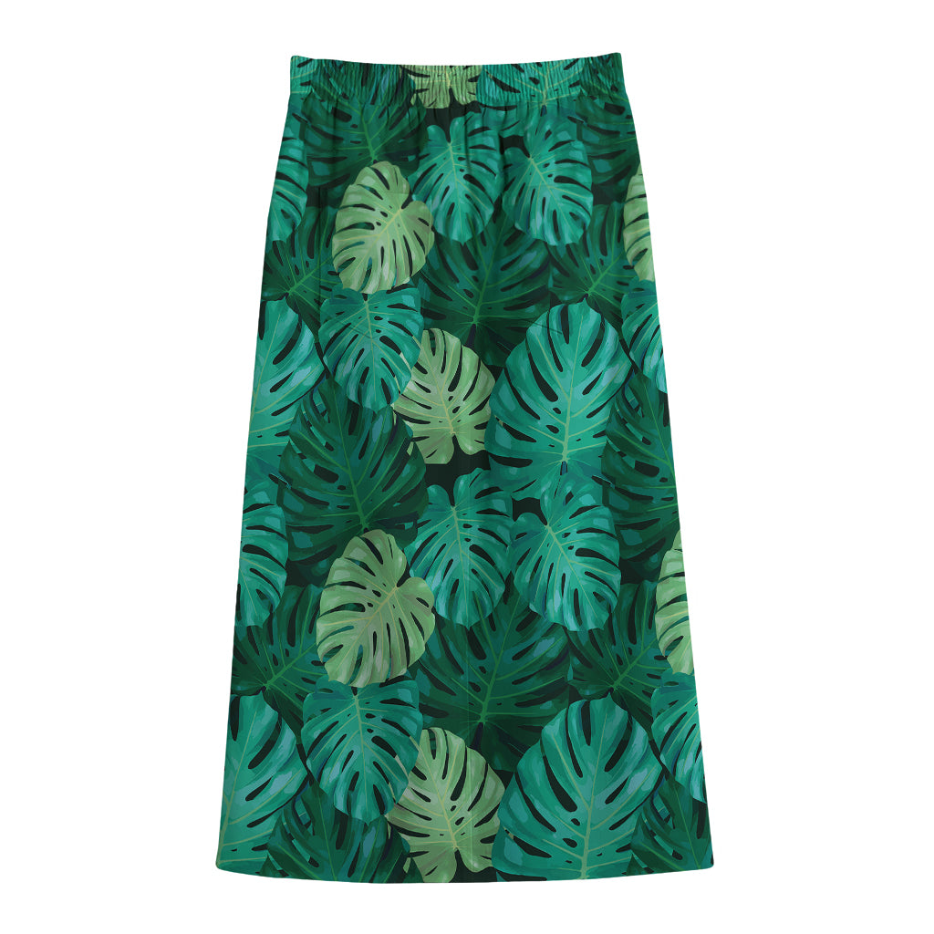 Green Tropical Monstera Pattern Print Cotton Front Slit Maxi Skirt