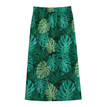 Green Tropical Monstera Pattern Print Cotton Front Slit Maxi Skirt