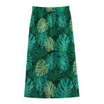 Green Tropical Monstera Pattern Print Cotton Front Slit Maxi Skirt