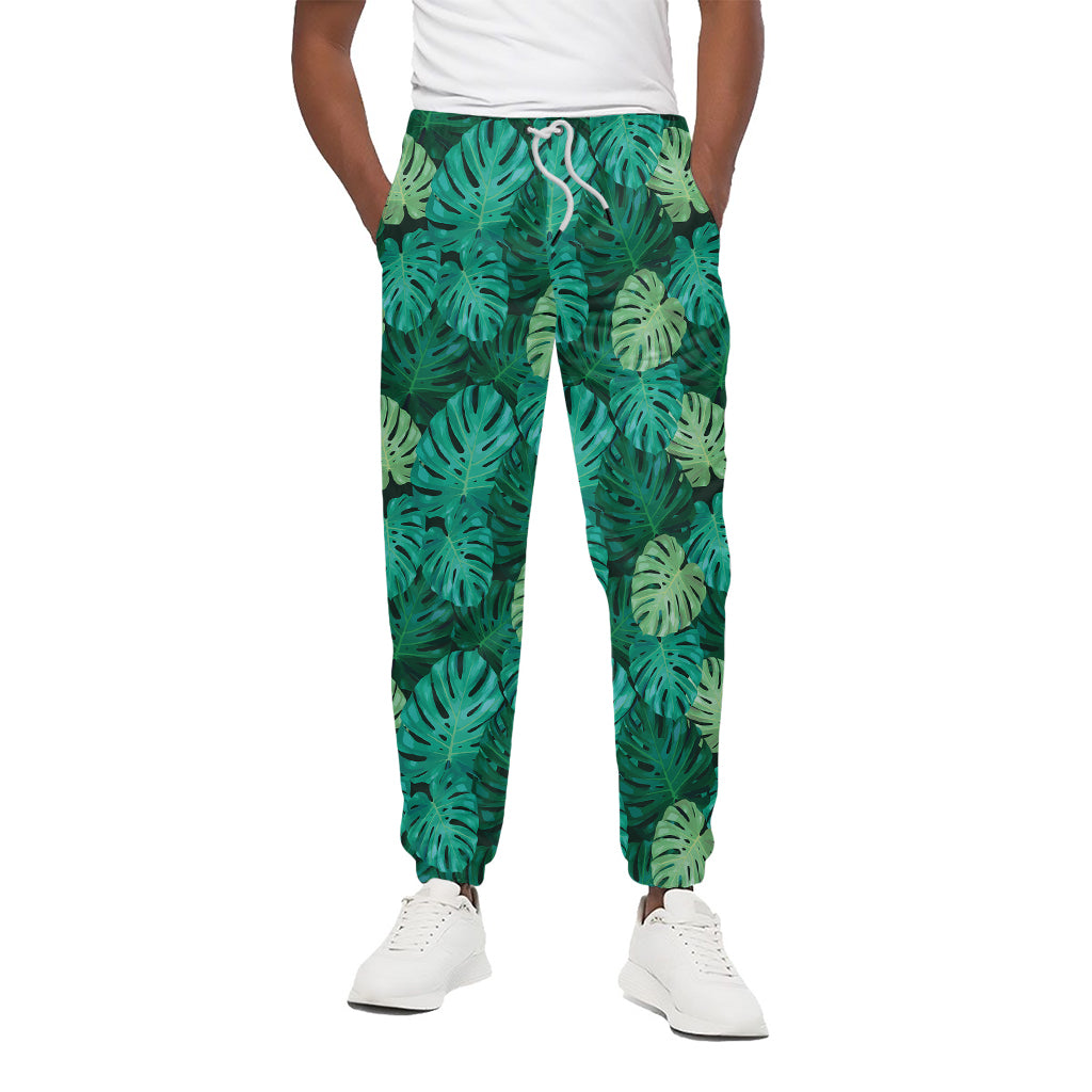 Green Tropical Monstera Pattern Print Cotton Pants
