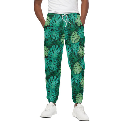 Green Tropical Monstera Pattern Print Cotton Pants