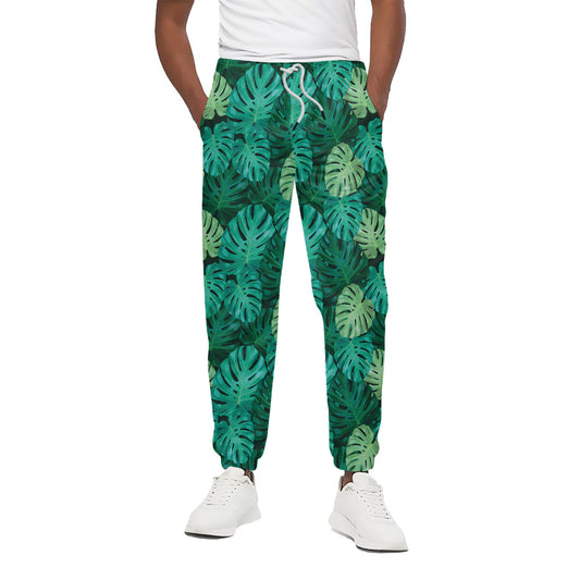 Green Tropical Monstera Pattern Print Cotton Pants