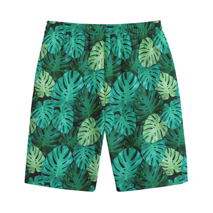Green Tropical Monstera Pattern Print Cotton Shorts