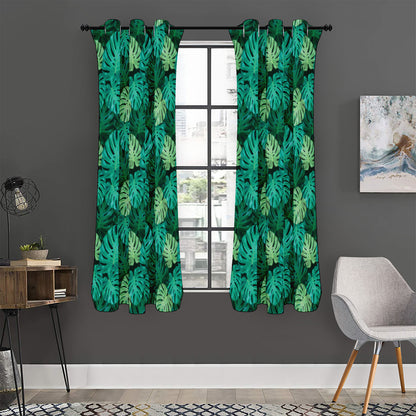 Green Tropical Monstera Pattern Print Curtain