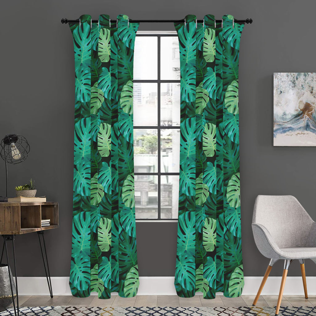 Green Tropical Monstera Pattern Print Curtain