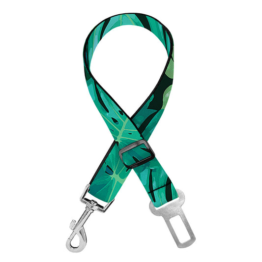 Green Tropical Monstera Pattern Print Dog Seat Belt