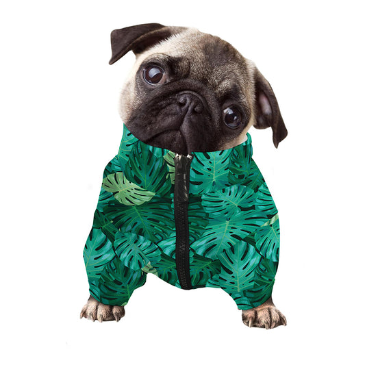 Green Tropical Monstera Pattern Print Dog Zip Up Jacket