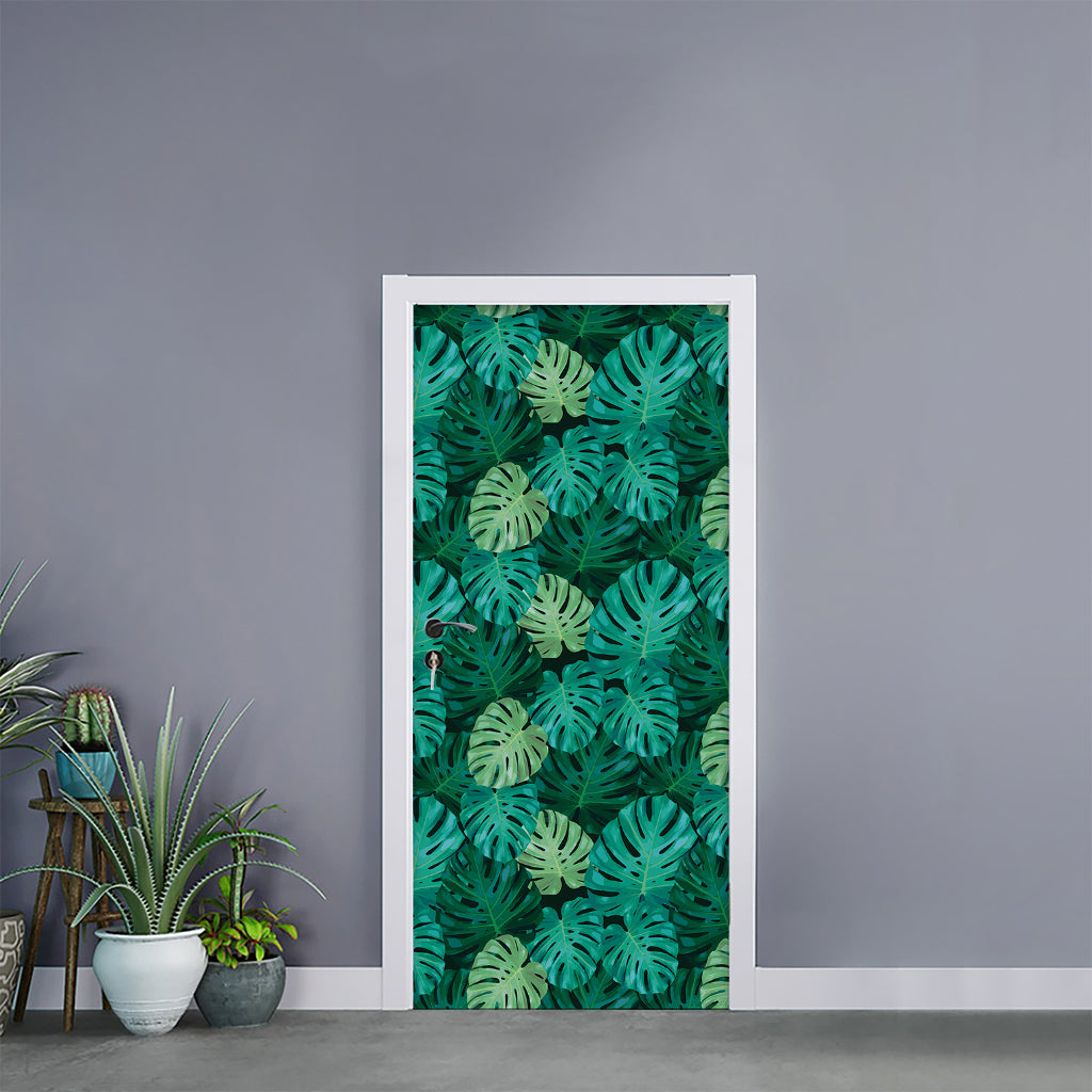 Green Tropical Monstera Pattern Print Door Sticker