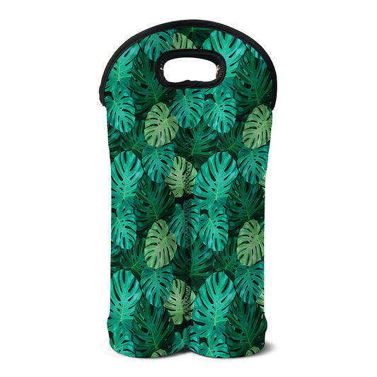 Green Tropical Monstera Pattern Print Double Neoprene Wine Tote