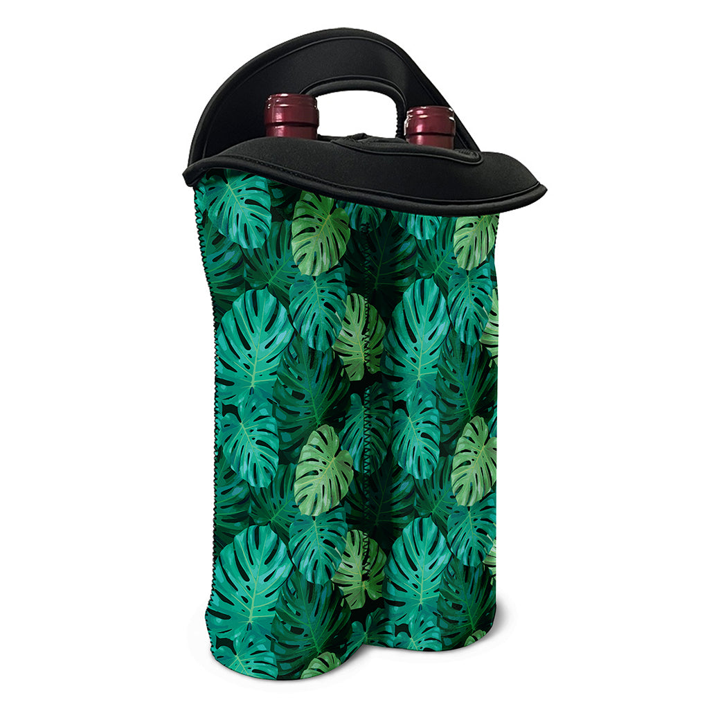 Green Tropical Monstera Pattern Print Double Neoprene Wine Tote