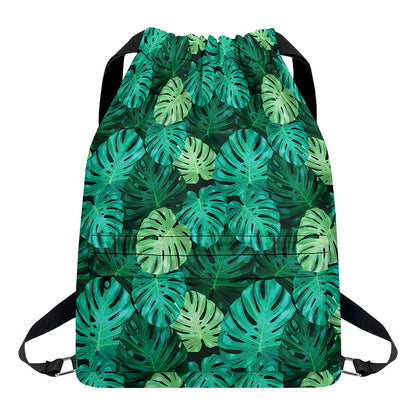 Green Tropical Monstera Pattern Print Drawstring Backpack