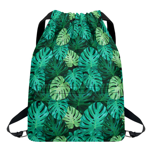 Green Tropical Monstera Pattern Print Drawstring Backpack