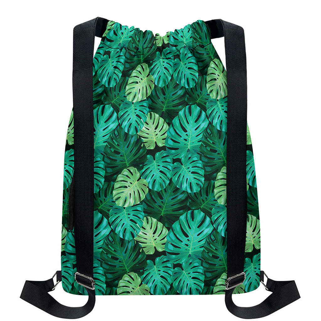 Green Tropical Monstera Pattern Print Drawstring Backpack