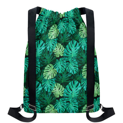 Green Tropical Monstera Pattern Print Drawstring Backpack