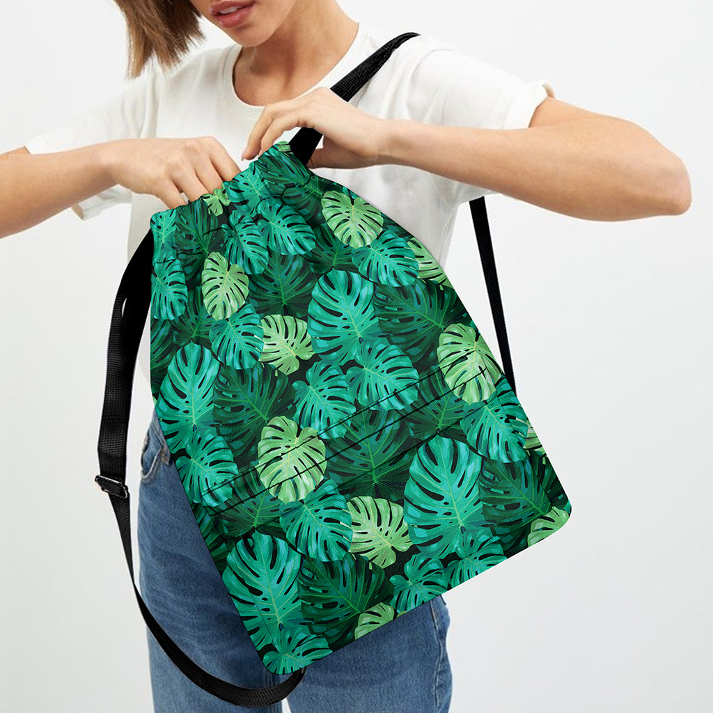 Green Tropical Monstera Pattern Print Drawstring Backpack