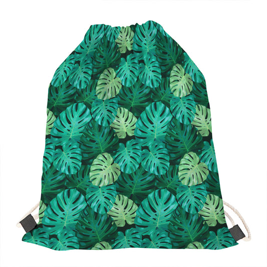 Green Tropical Monstera Pattern Print Drawstring Bag