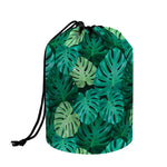 Green Tropical Monstera Pattern Print Drawstring Makeup Bag